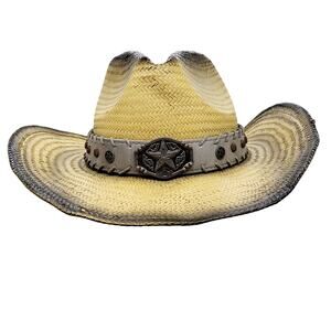 Milani 100% Straw Tan Charcoal Gray Western Cowboy Cowgirl Hat Lone Star Detail